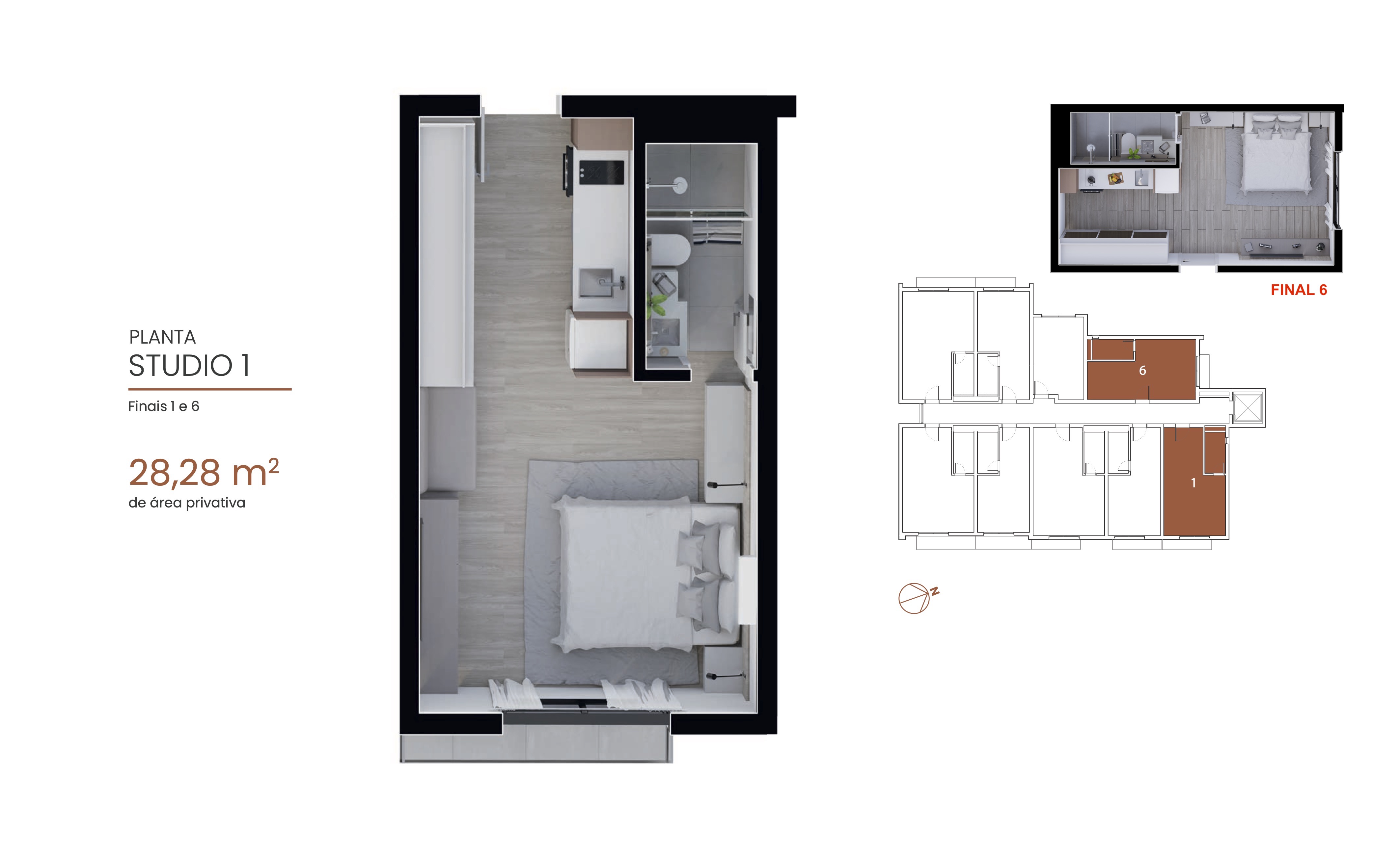 Planta do Studio 1 de 27 m² – Eixo 795 Cristo Rei Curitiba