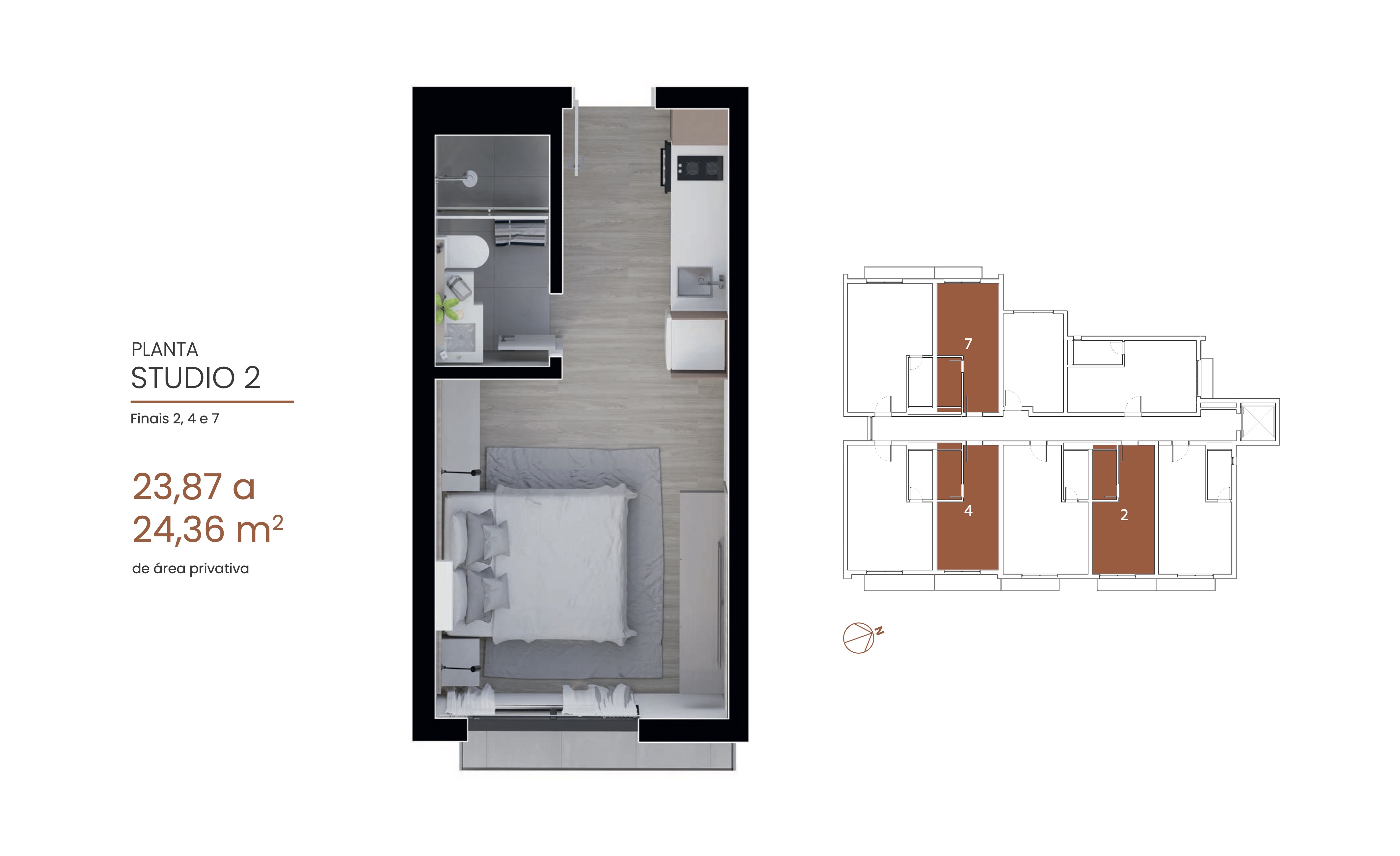 Planta do Studio 2 de 32 m² – Eixo 795 Cristo Rei Curitiba