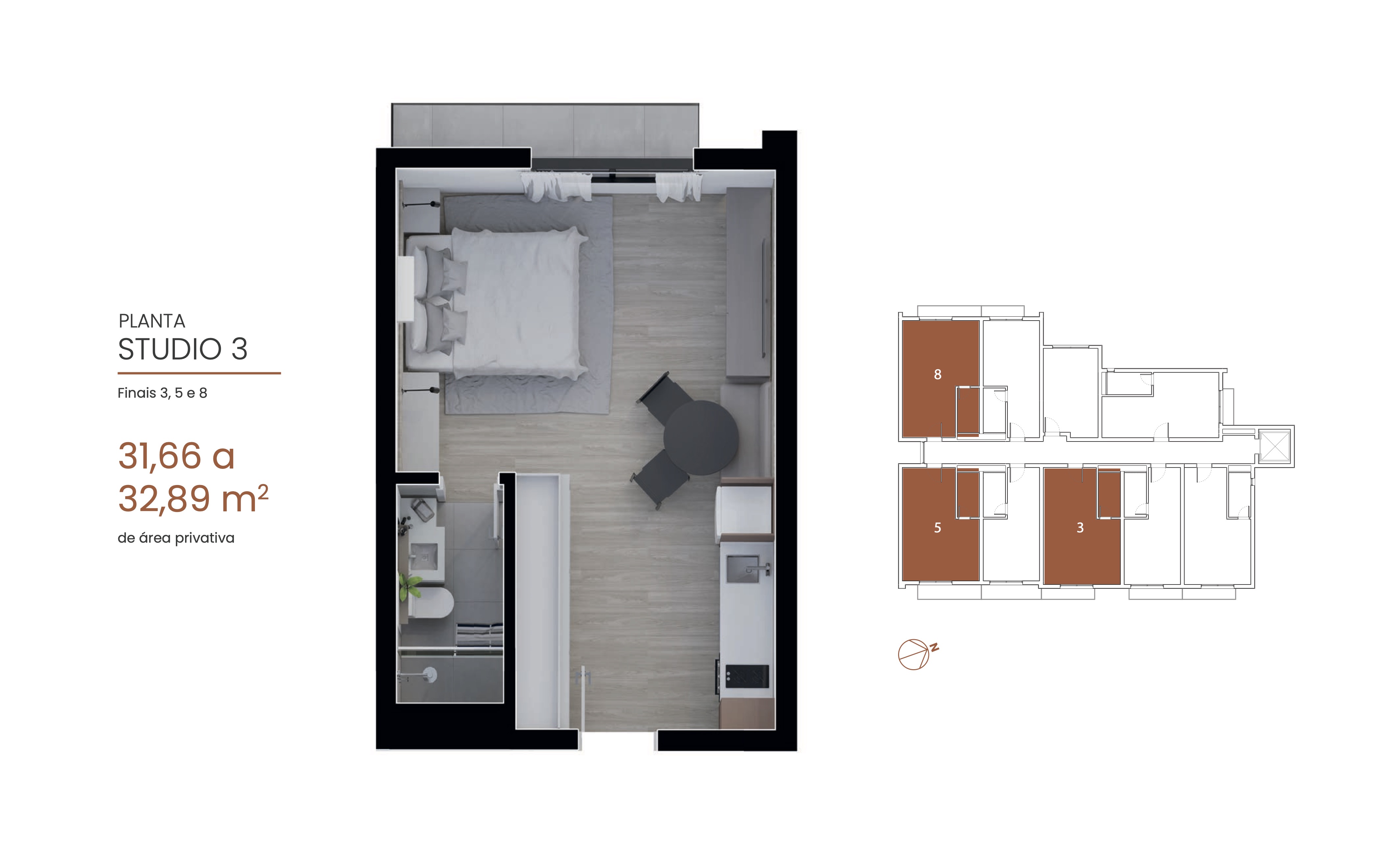 Planta do Studio 3 de 38 m² – Eixo 795 Cristo Rei Curitiba