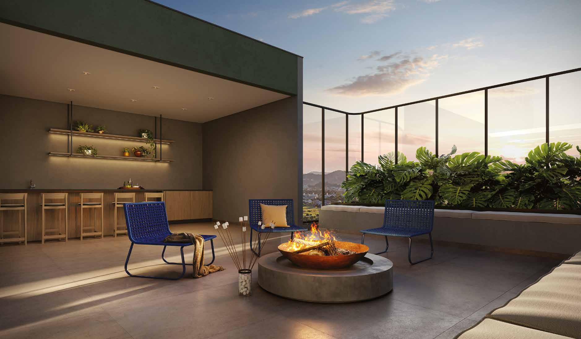 Fire Place e Sky Bar no rooftop do Elevvo