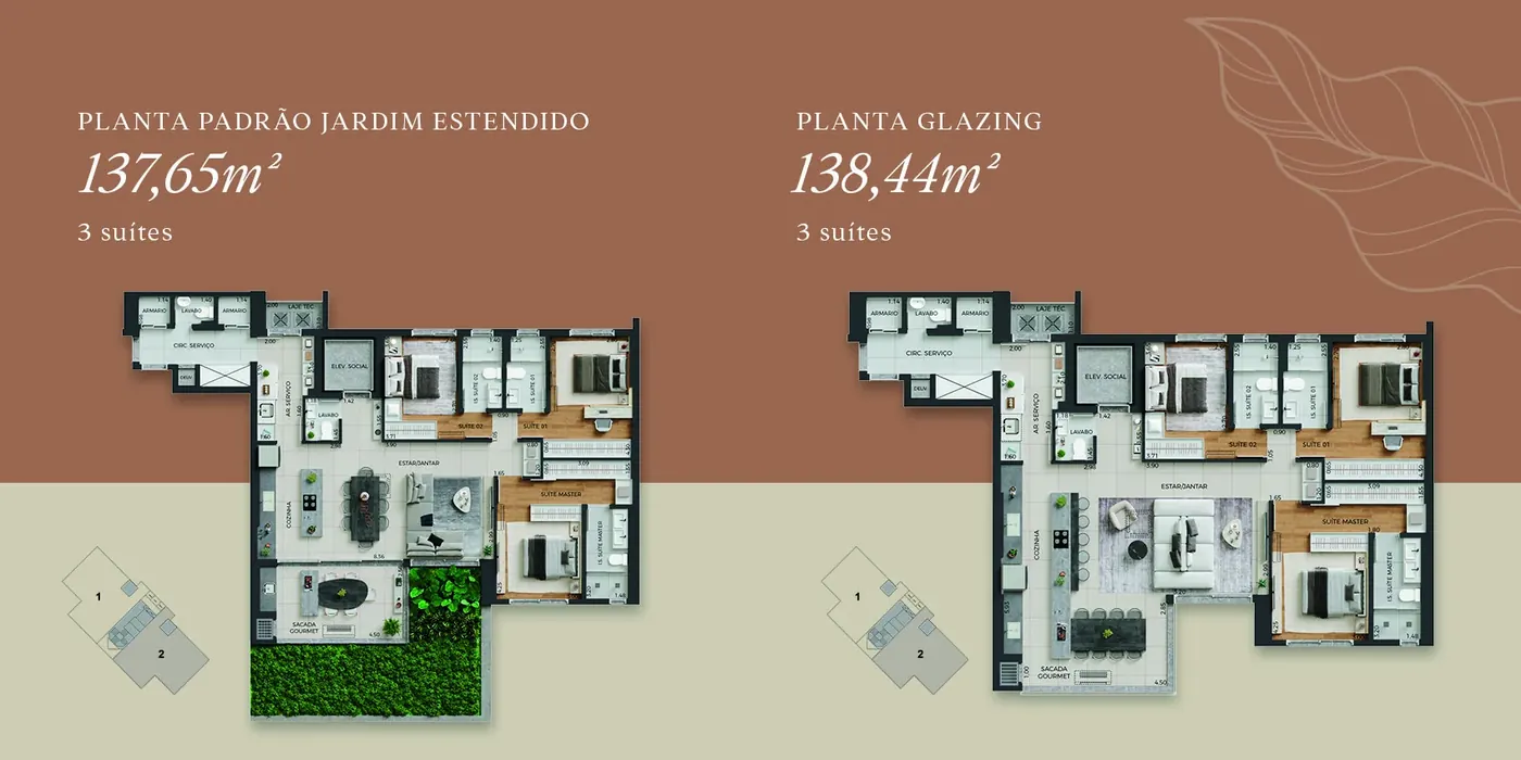 Plantas jardim estendido e glazing do Fascino – 138,44 m² em Maringá
