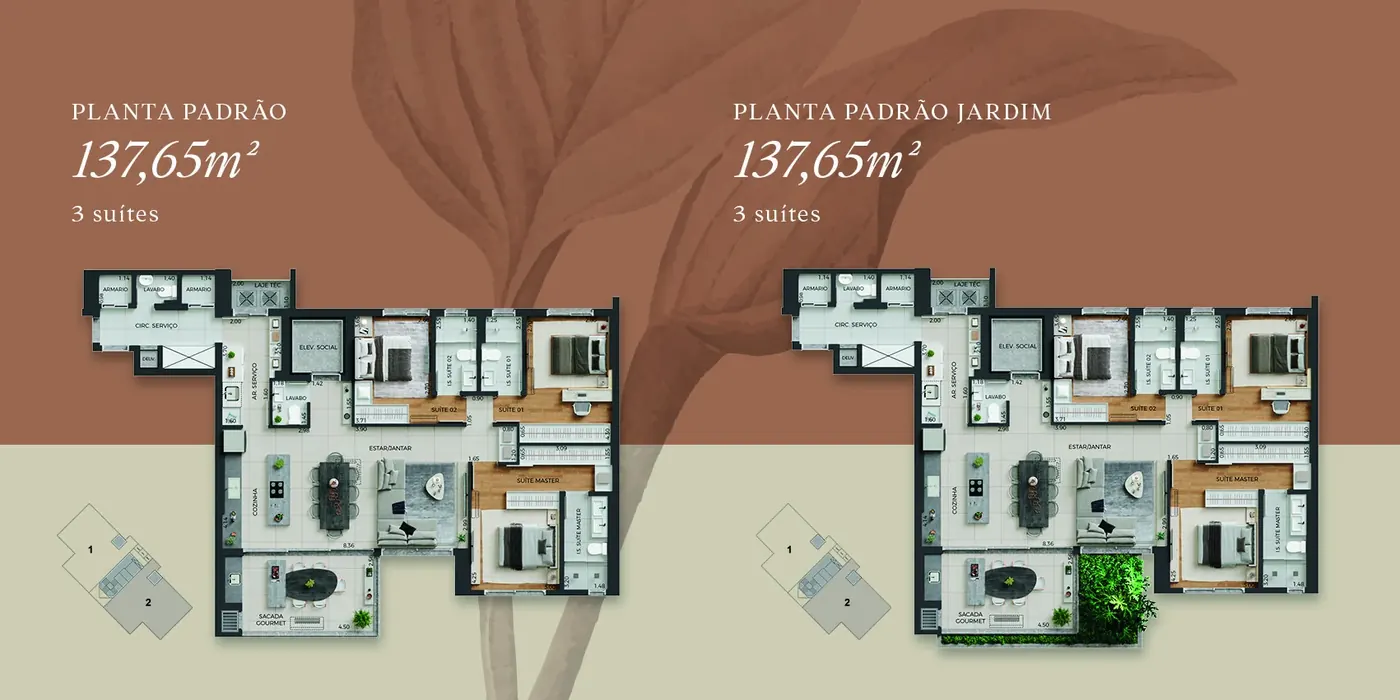 Plantas padrão e padrão jardim do Fascino em Maringá – 137,65 m² e três suítes