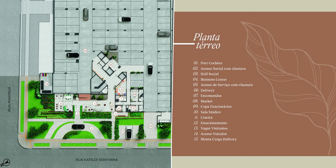 Planta do térreo do Fascino com port cochère e hall social
