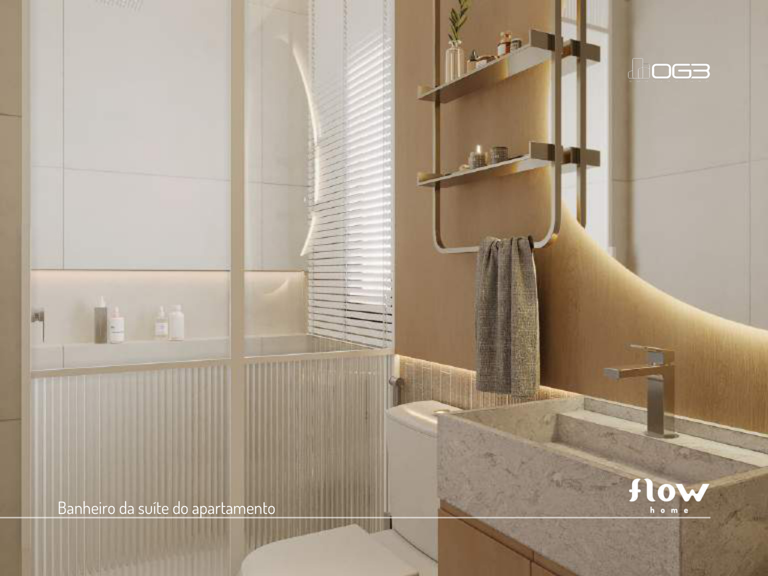 Banheiro da suíte do apartamento Flow Home — acabamento contemporâneo