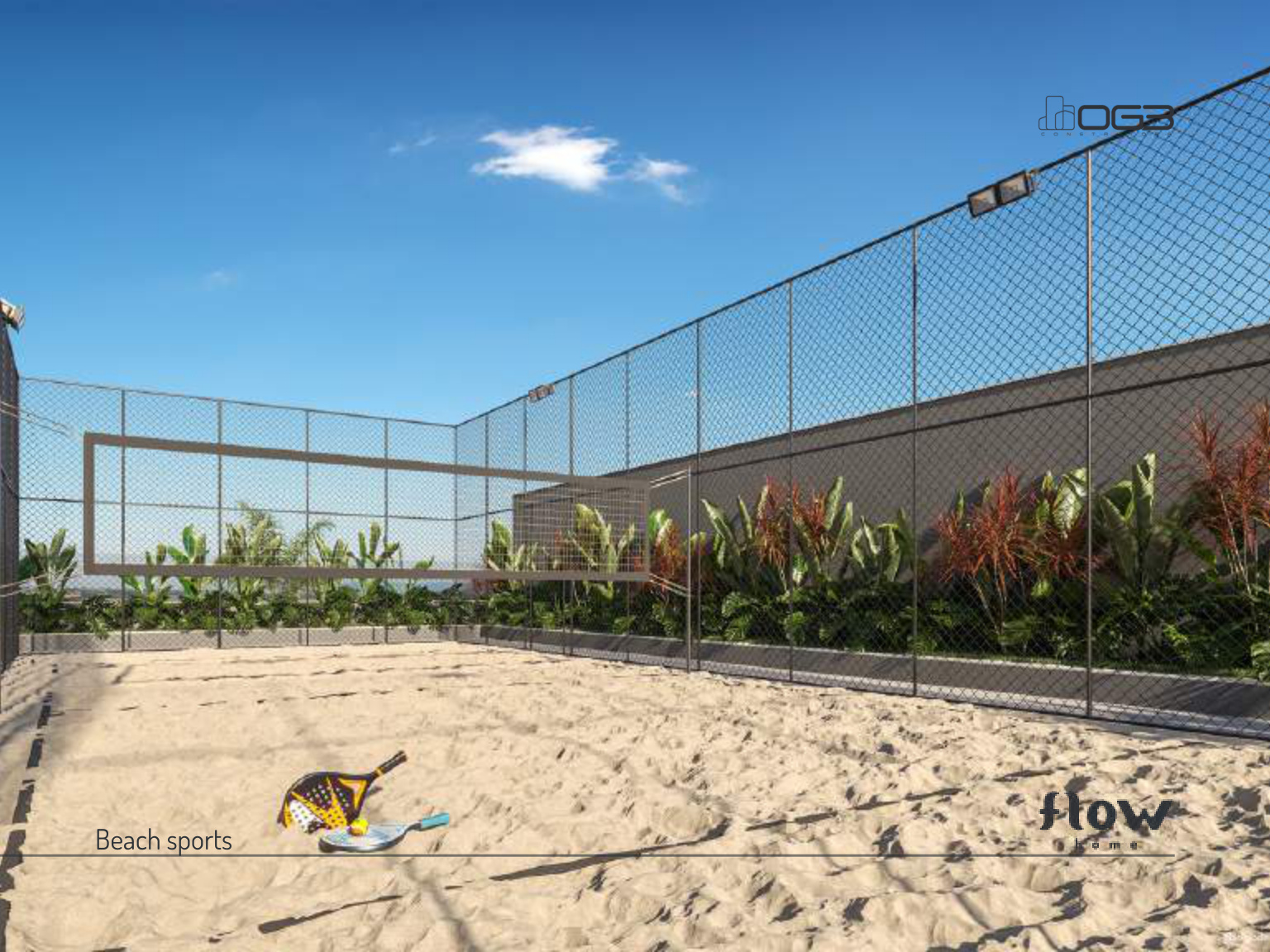 Quadra de beach sports do Flow Home Maringá com areia e iluminação