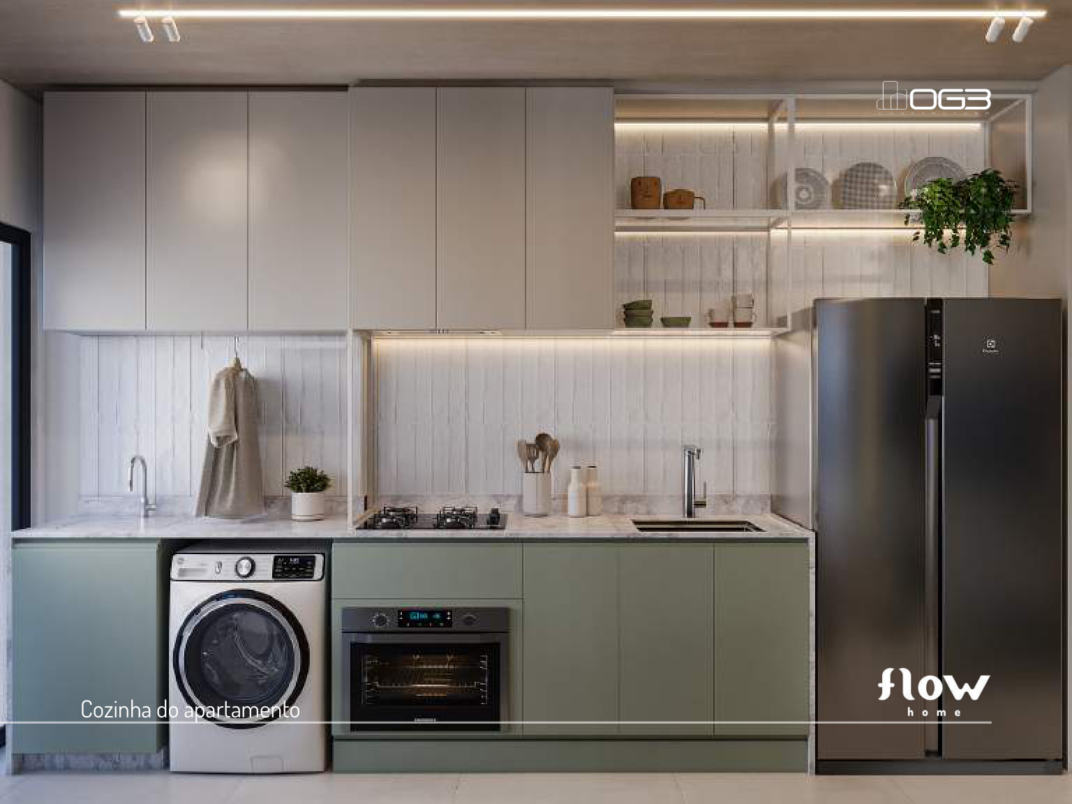 Cozinha do apartamento Flow Home com marcenaria verde-sage e bancada em mármore