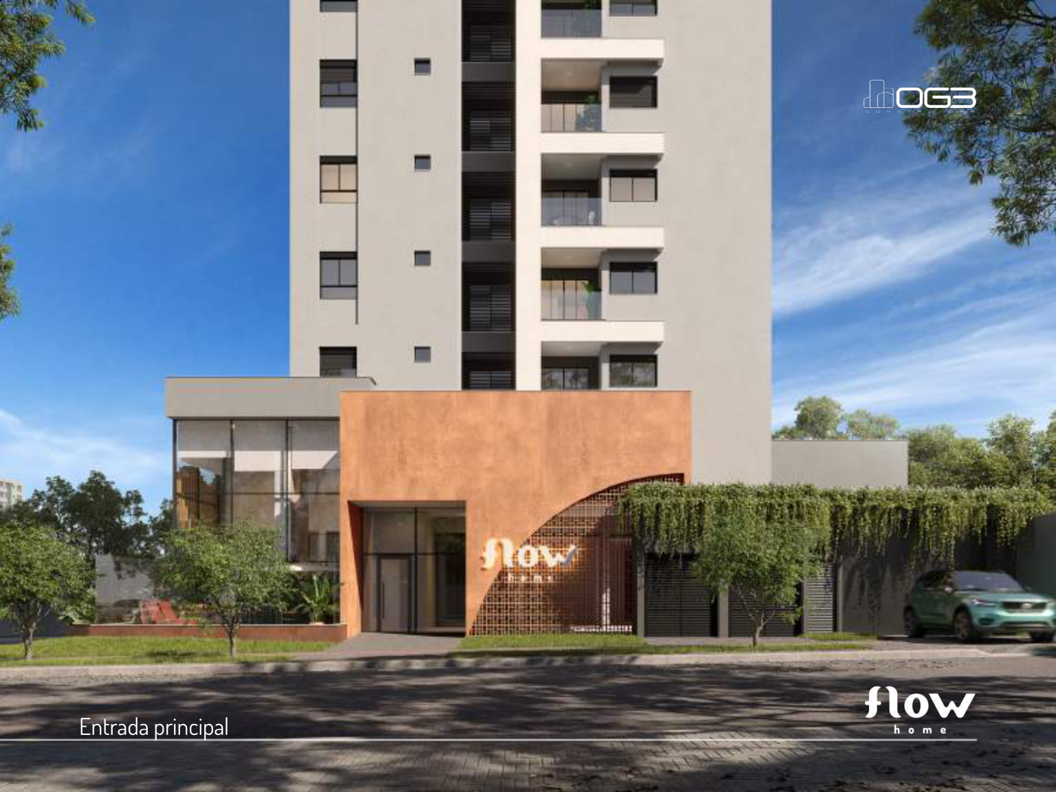 Entrada principal do Flow Home Maringá com fachada em cobre e paisagismo