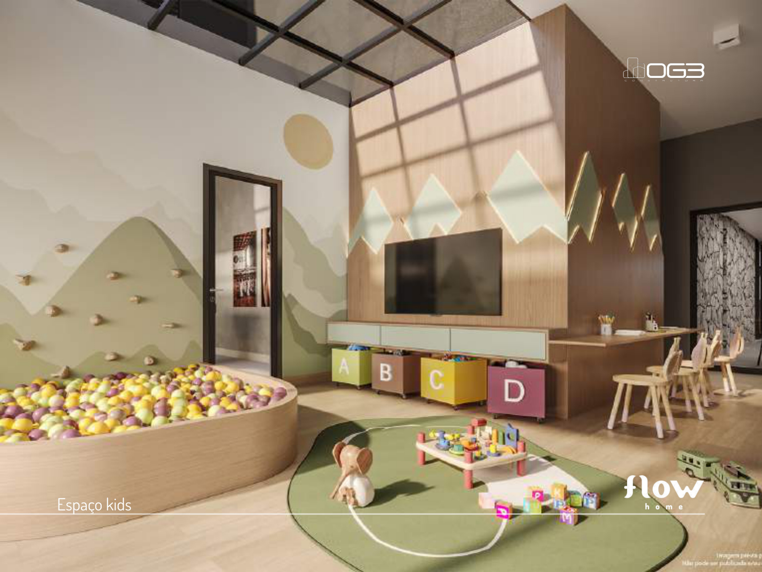 Espaço kids do Flow Home com piscina de bolinhas e parede de escalada