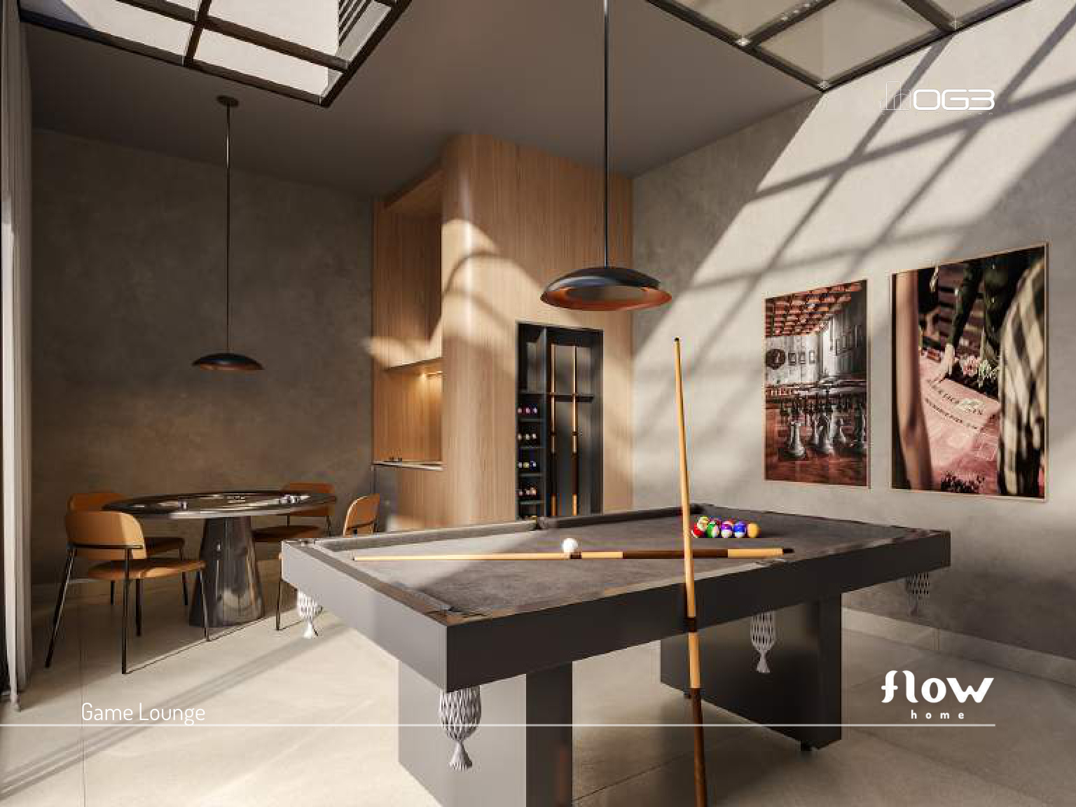 Game lounge do Flow Home com mesa de sinuca e adega