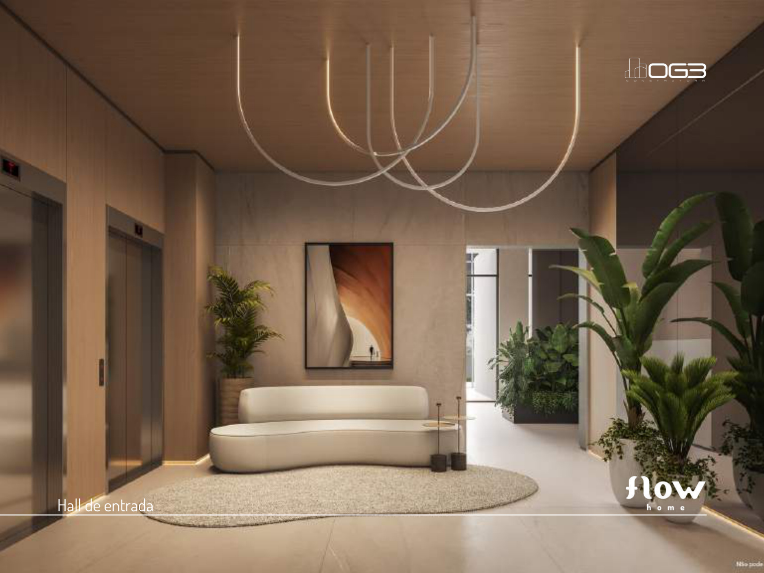 Hall de entrada sofisticado do Flow Home com design contemporâneo e iluminação especial