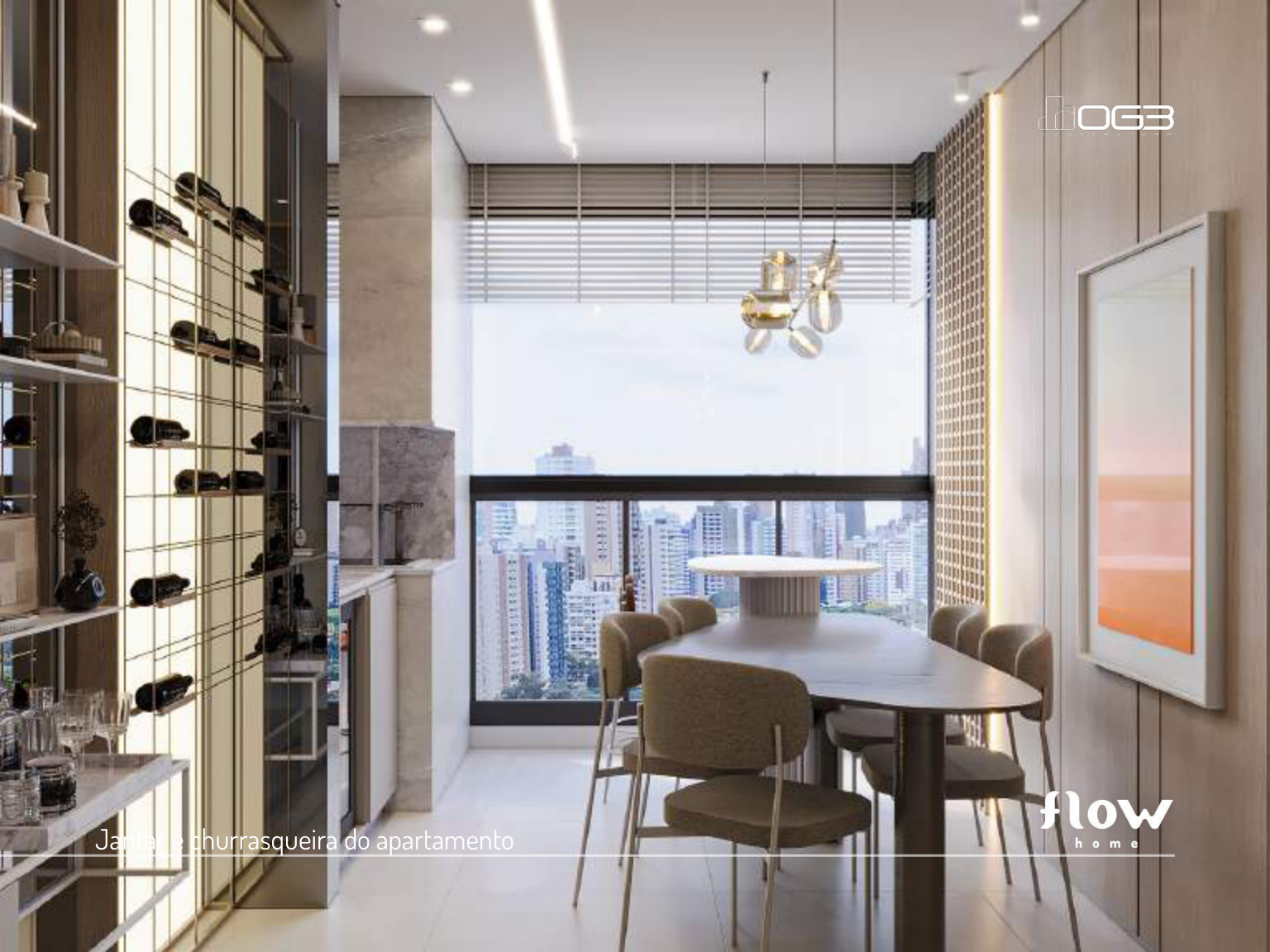 Sala de jantar com churrasqueira na sacada do apartamento Flow Home Maringá