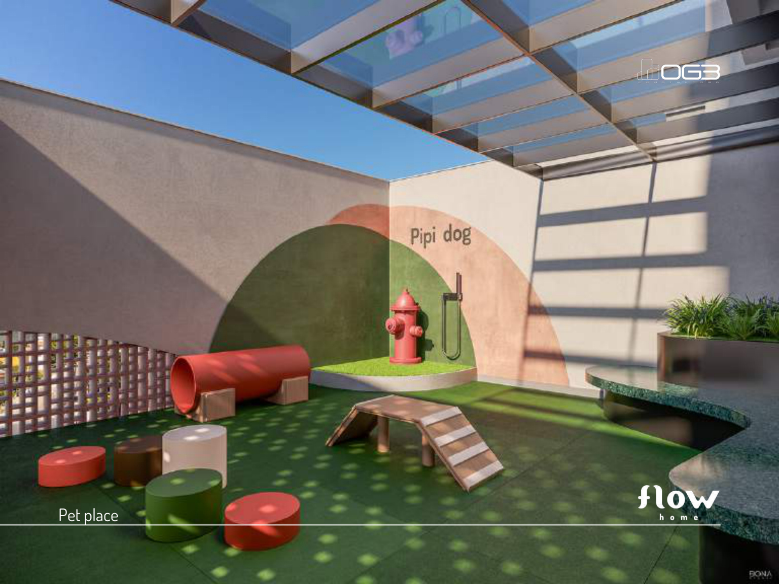 Espaço pet do Flow Home com pipi dog e área de brincadeiras para animais