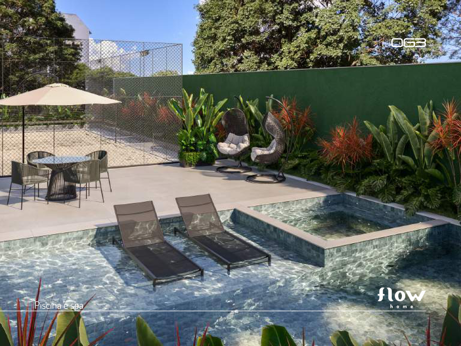 Piscina com deck molhado e spa do Flow Home Maringá — lazer completo no condomínio