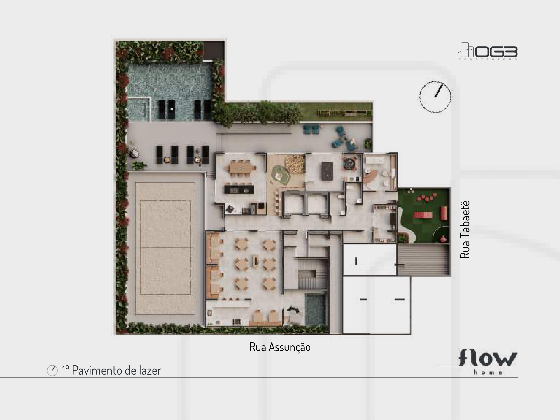 Planta do 1º pavimento de lazer do Flow Home — piscina com spa, quadra de beach sports e pizza bar