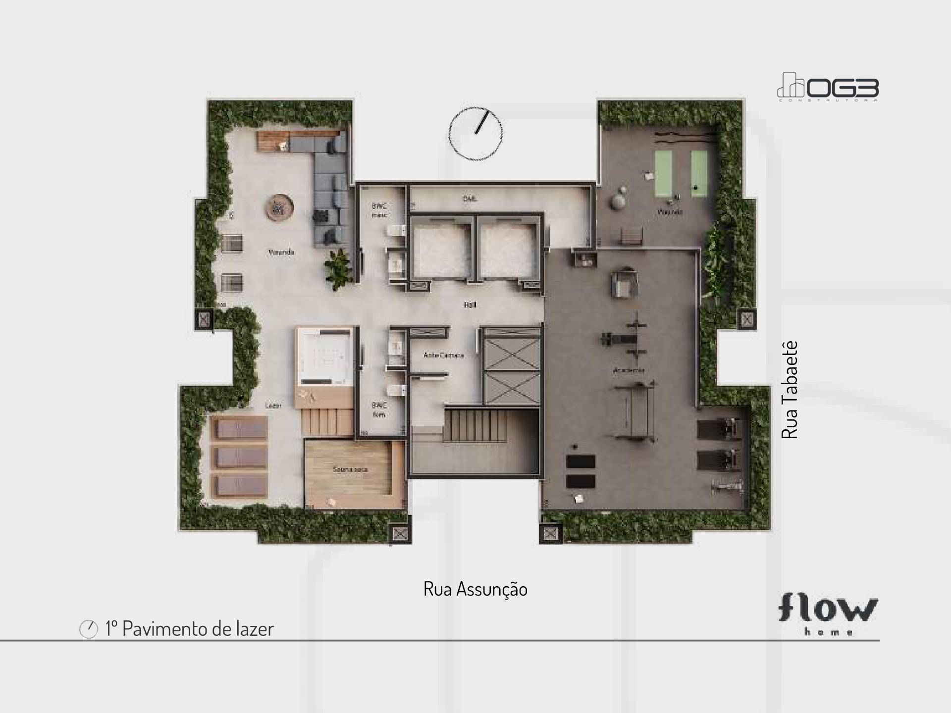 Planta do rooftop do Flow Home Maringá — sky bar, spa com sauna seca panorâmica e academia