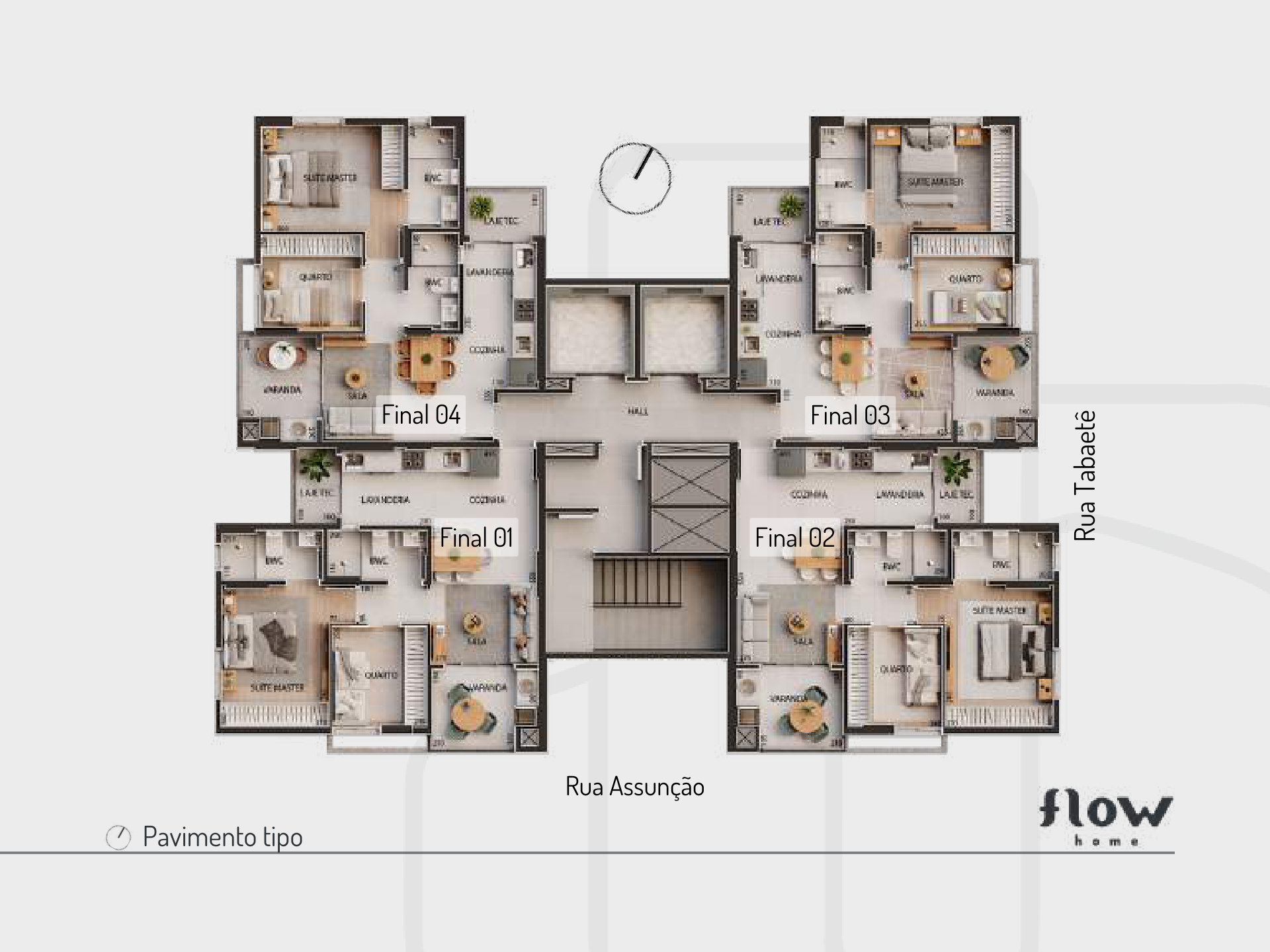 Planta do pavimento tipo do Flow Home Maringá — 4 apartamentos por andar com metragens de 58 a 60 m²