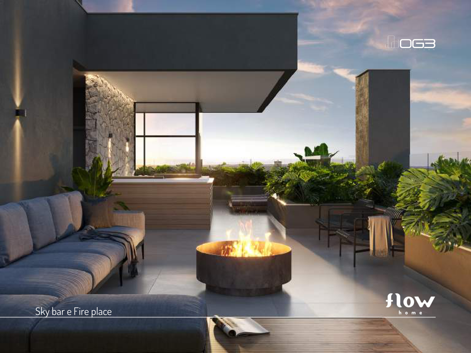 Sky bar do rooftop do Flow Home Maringá com firepit e vista panorâmica da cidade