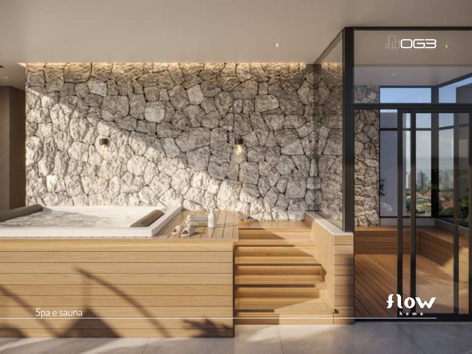 Spa e sauna seca panorâmica no rooftop do Flow Home Maringá