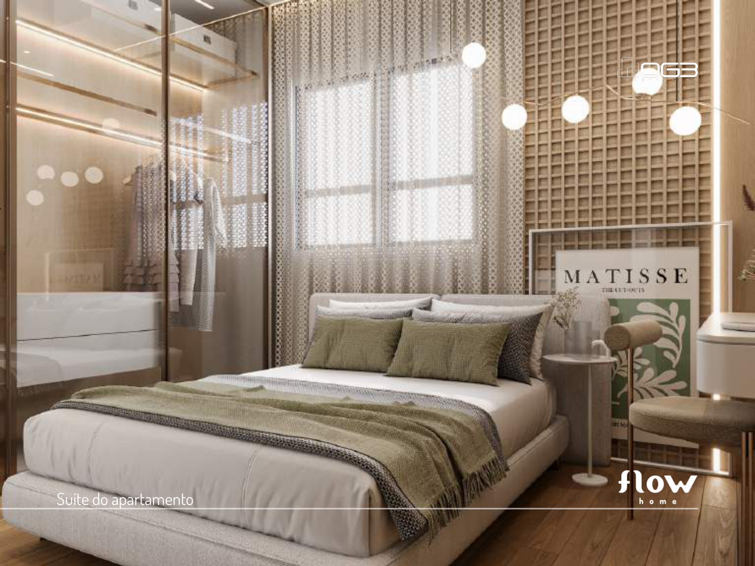 Suíte master do apartamento Flow Home Maringá com closet e acabamento premium