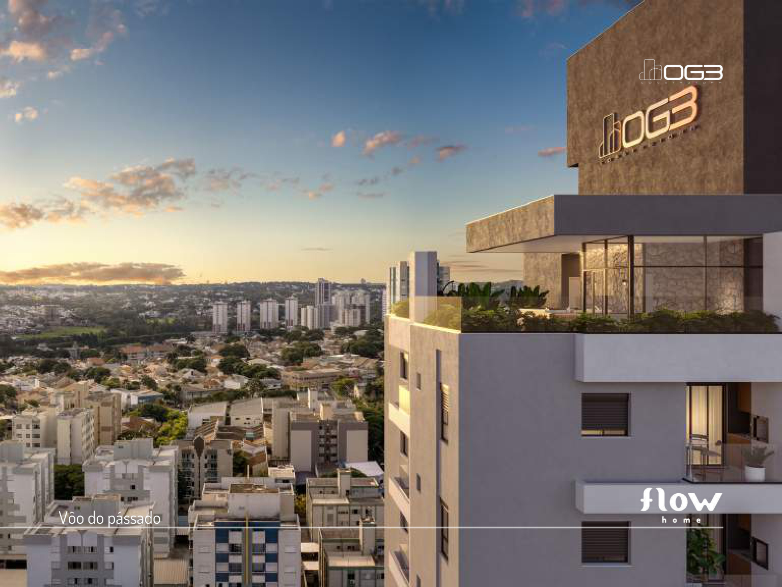 Vista aérea do rooftop do Flow Home com skyline de Maringá ao fundo