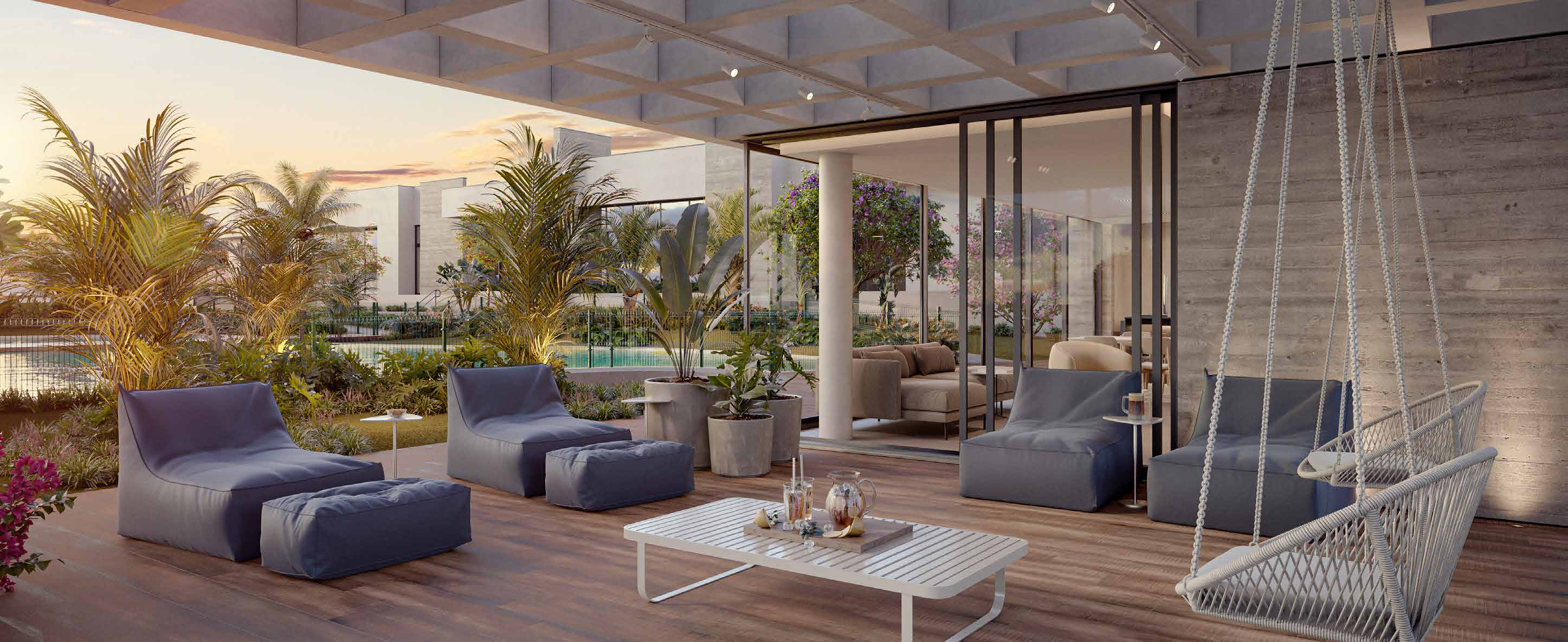 Render do lounge externo do Garnet Casa Resort