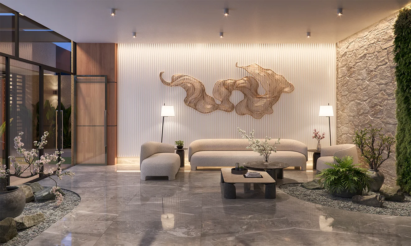 Lobby sofisticado do Imperium Park Residence Maringá