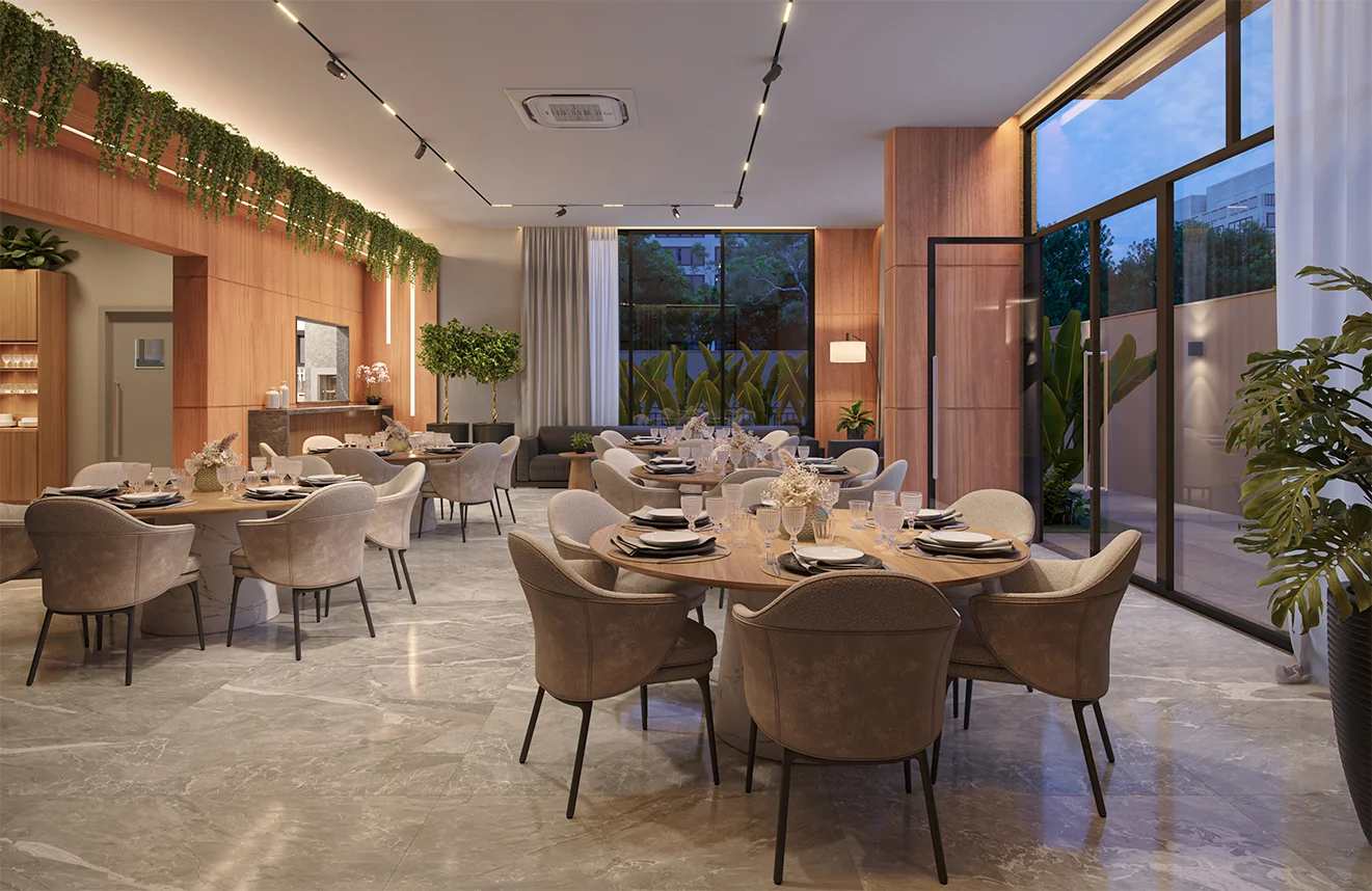 Salão de festas Imperium Park Residence Maringá com mobiliário completo