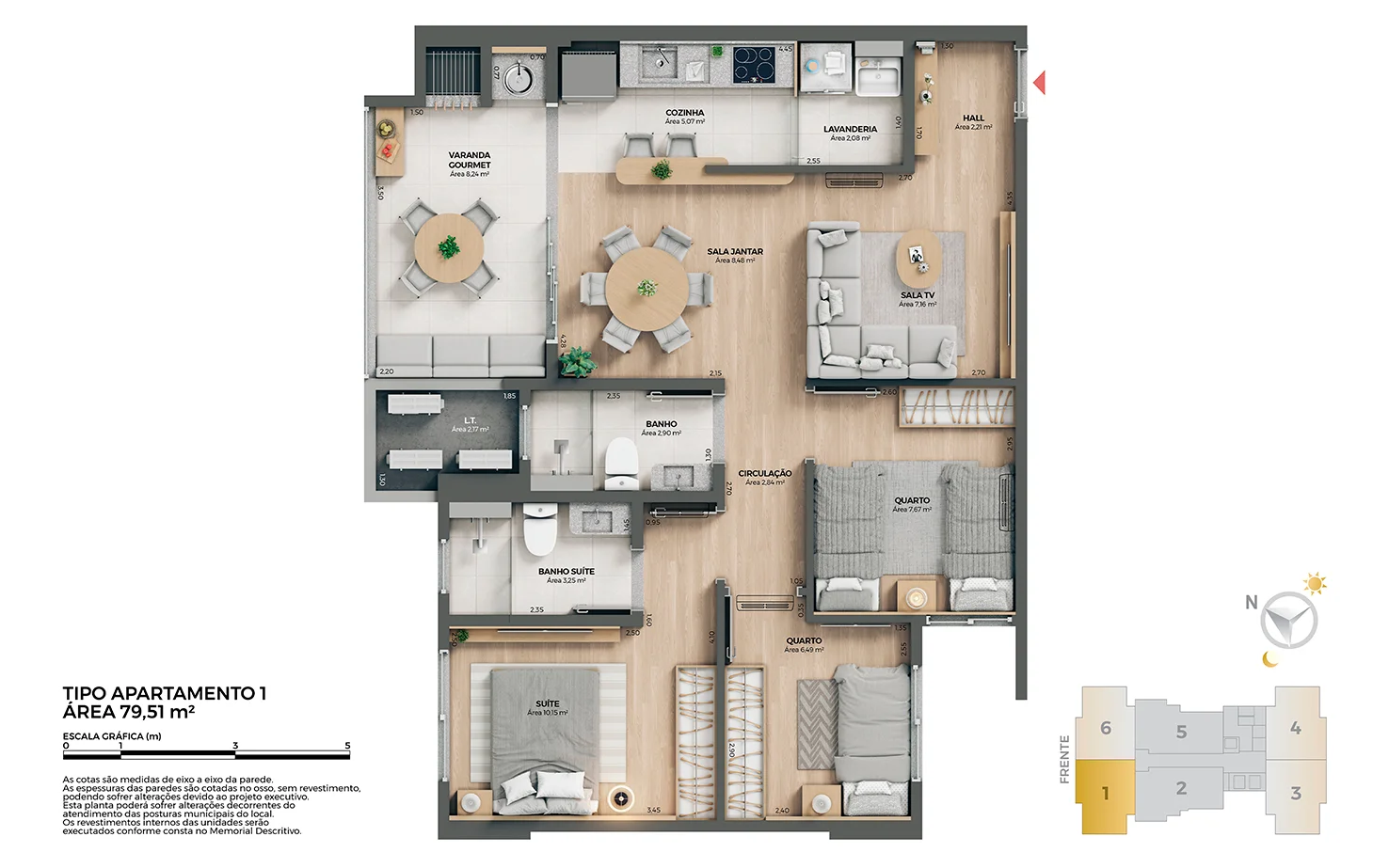 Planta baixa apartamento 79,51m² Imperium Park Residence Maringá - finais 1, 3, 4 e 6 com varanda gourmet