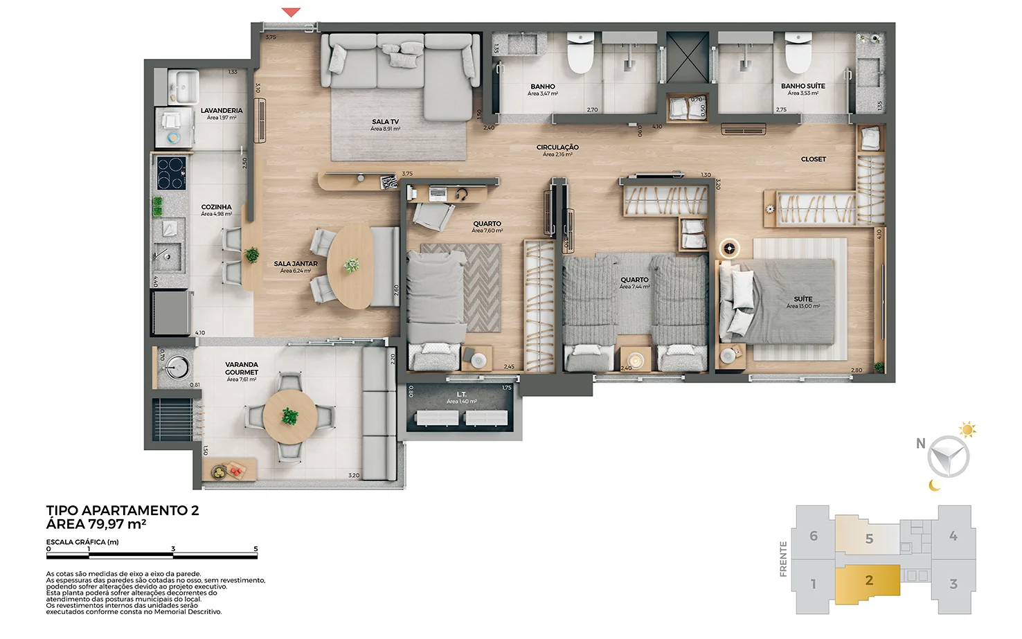 Planta baixa apartamento 79,97m² Imperium Park Residence Maringá - finais 2 e 5