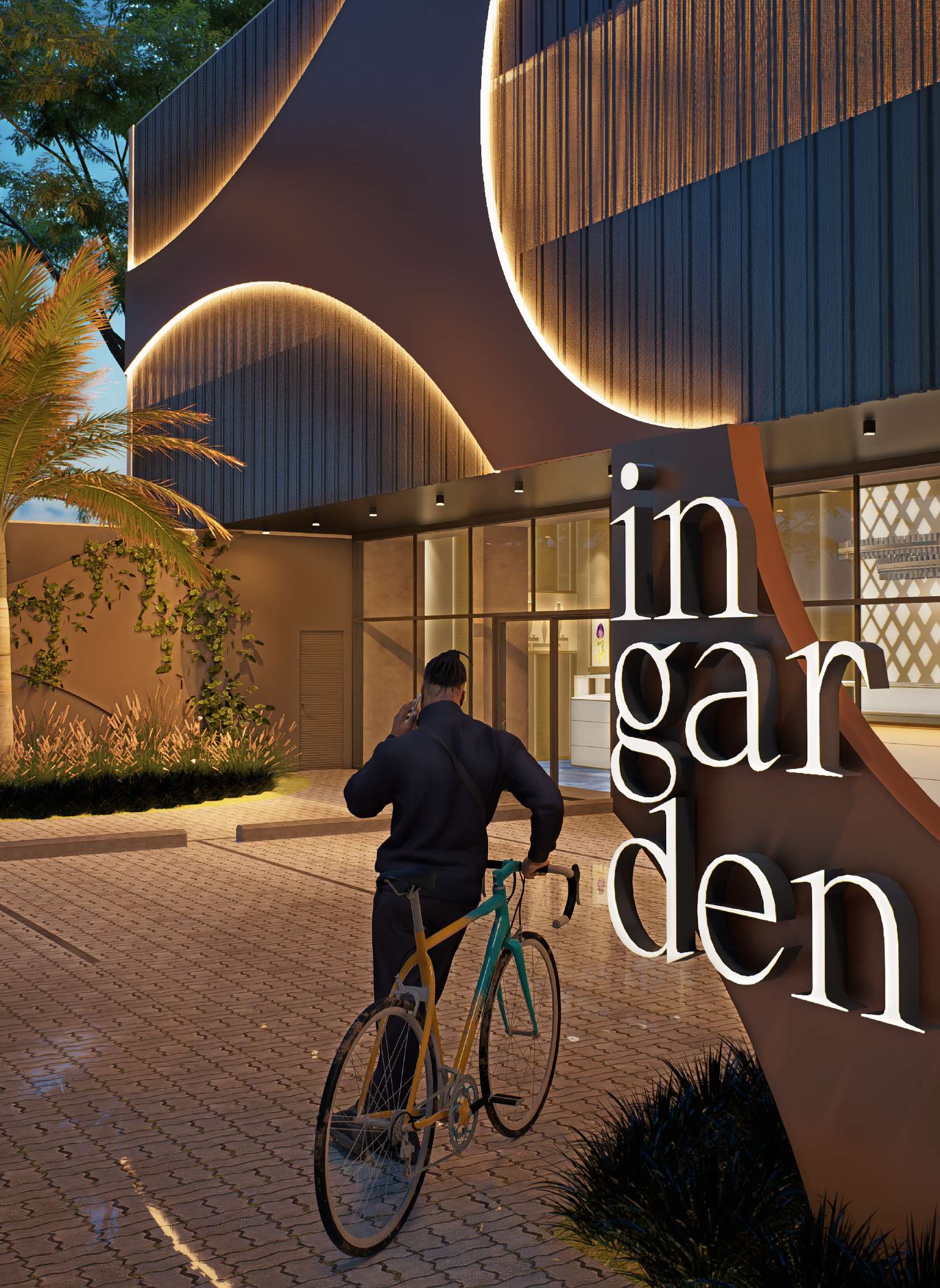 Entrada do Ingarden com logo iluminado — Lançamento Maringá