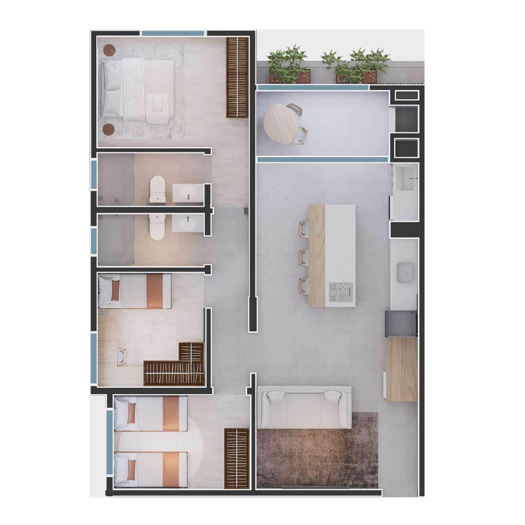 Planta B — 1 Suíte + 2 Dormitórios + Living Integrado — Ingarden Maringá