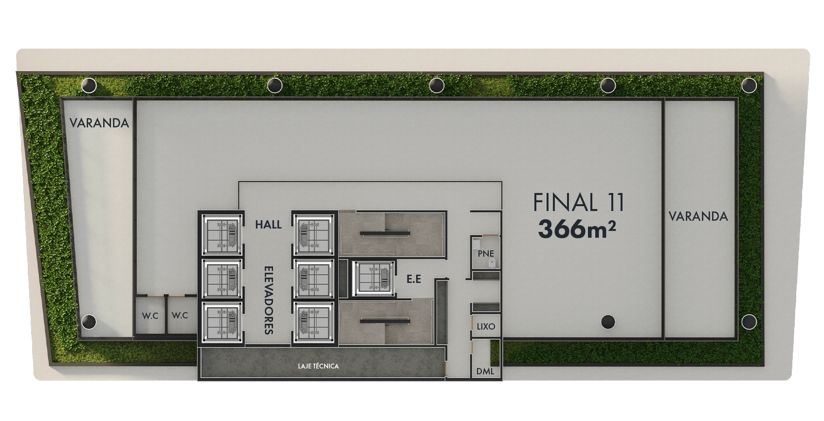 Planta Garden 353m² do JL Tower Cascavel - laje em obra bruta