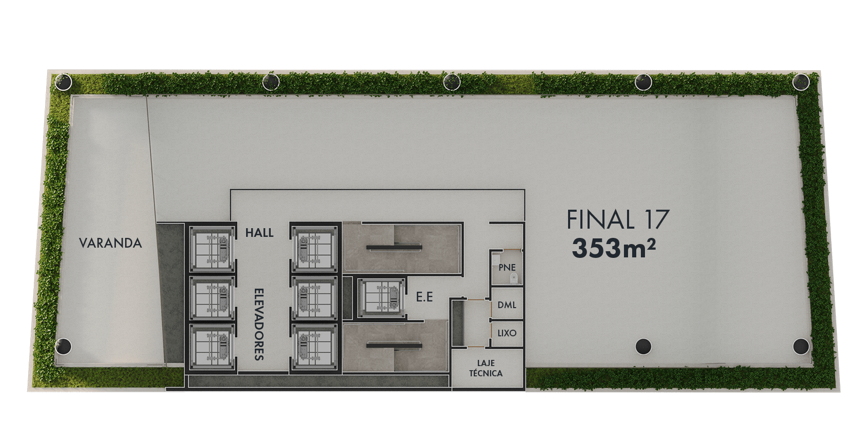 Planta Garden 366m² do JL Tower Cascavel - laje em obra bruta