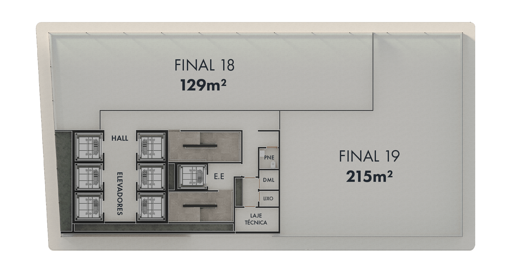 Planta Company do JL Tower Cascavel - sala corporativa 129m² a 215m²