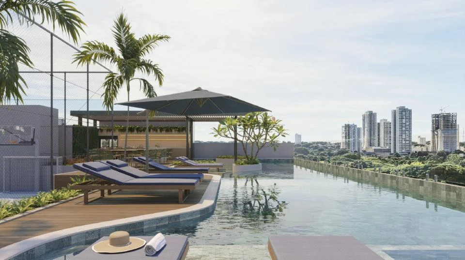 Piscina com borda infinita e pool bar no Lagoon Home Club