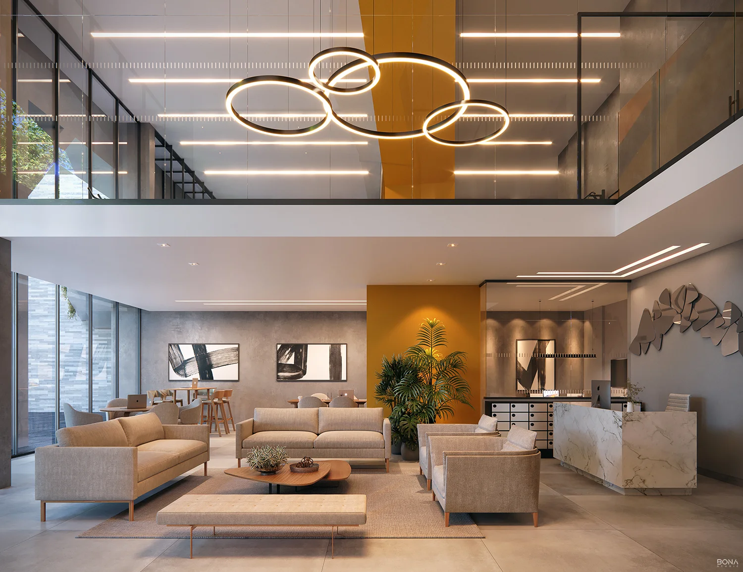 Ambiente social do Legacy Santos Dumont com acabamento contemporâneo na Zona 01.