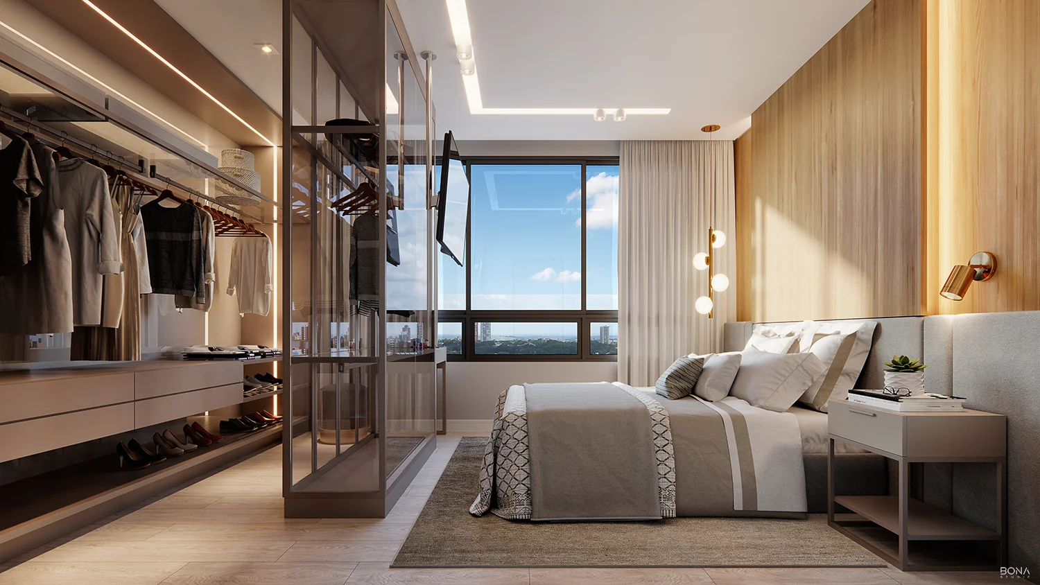 Sequência de ambientes do Legacy Santos Dumont pensada para circulação fluida.