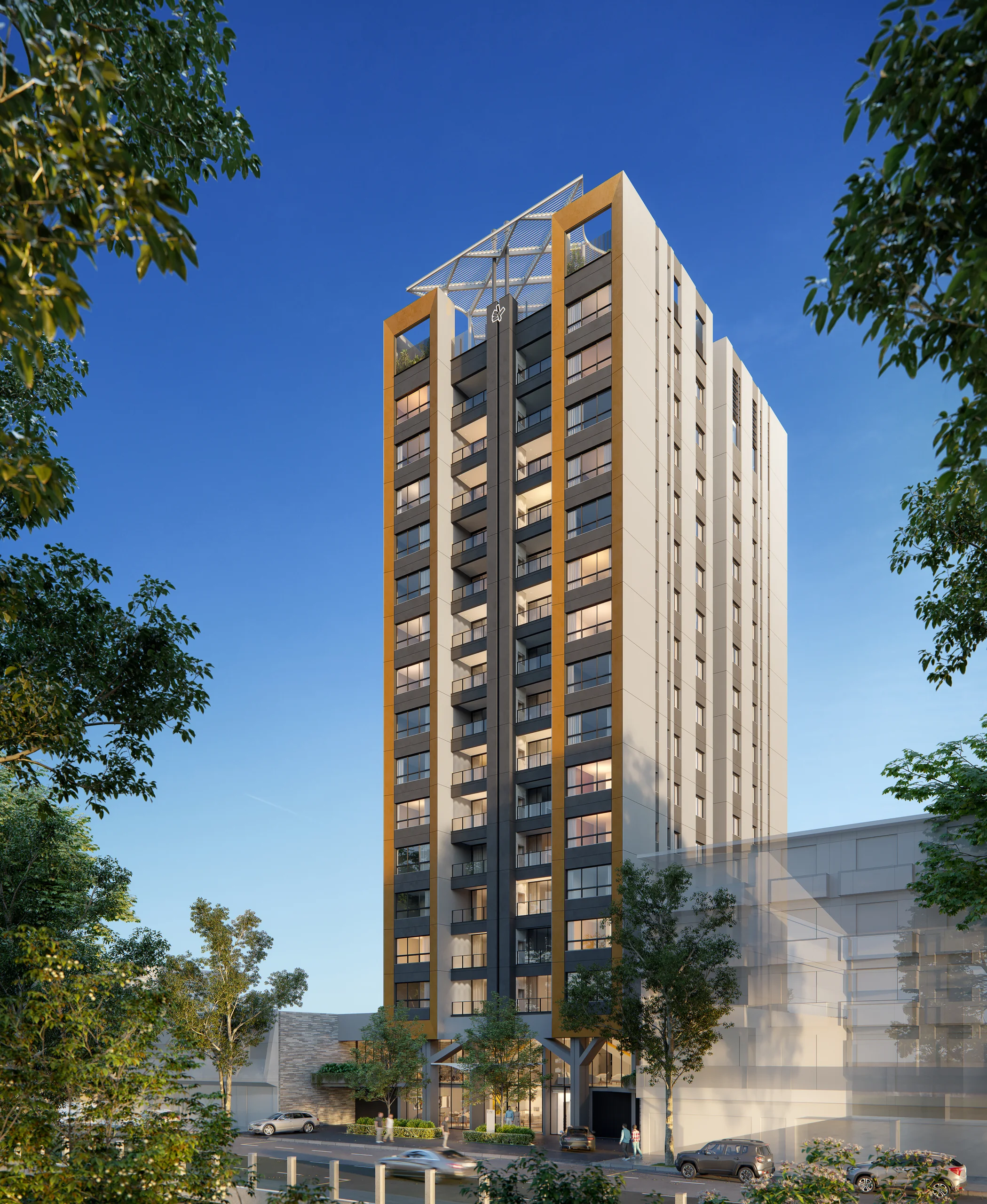 Perspectiva externa do Legacy Santos Dumont em Maringá com destaque arquitetônico