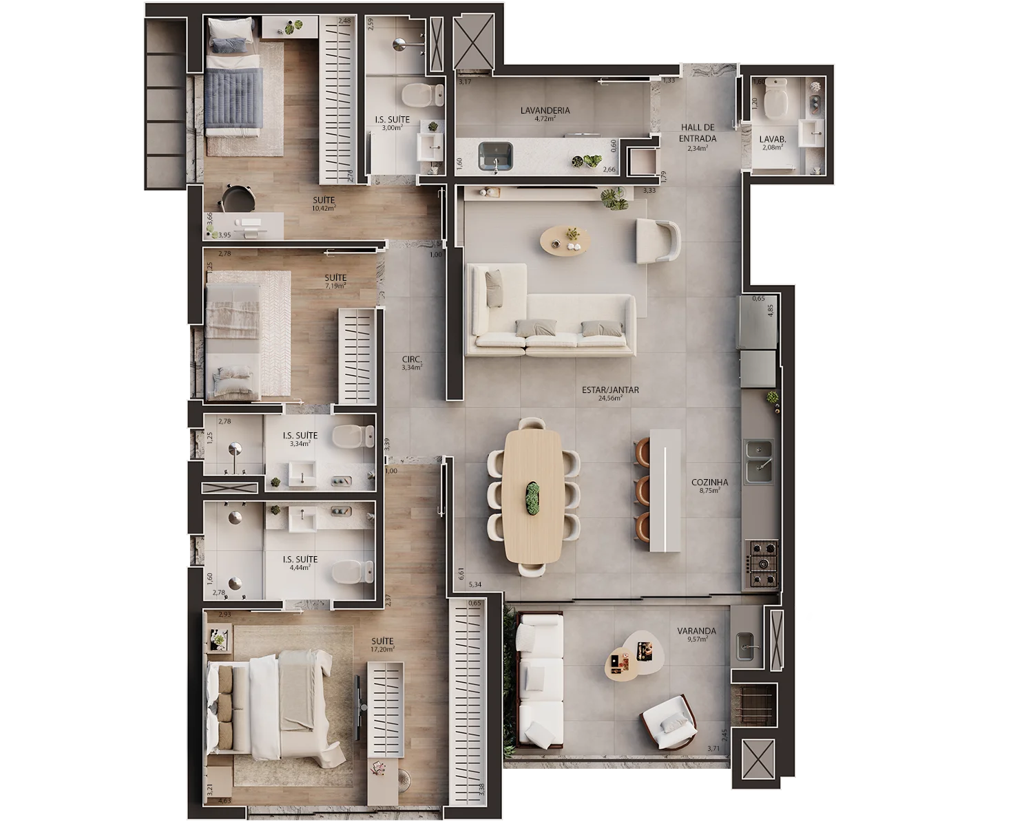 Distribuição técnica principal do apartamento de 119 m² com integração de estar e circulação funcional.