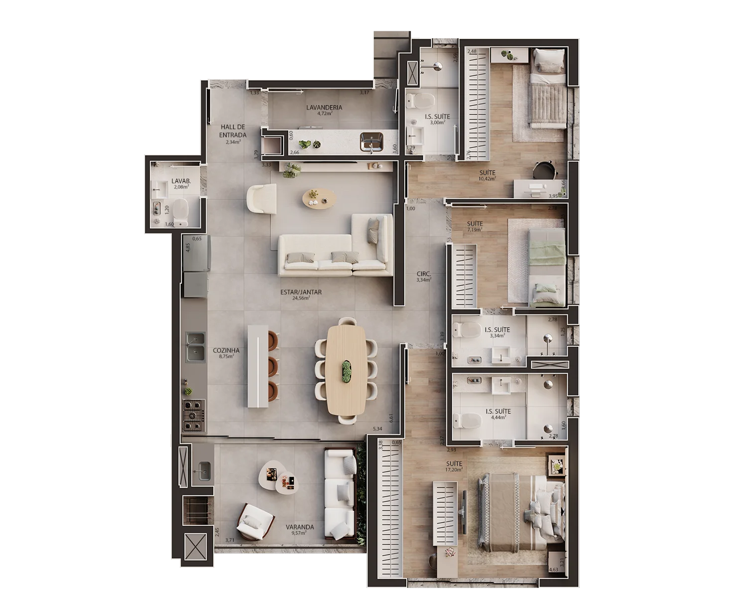 Detalhamento de suítes e apoios — confira medidas ampliadas no clique.