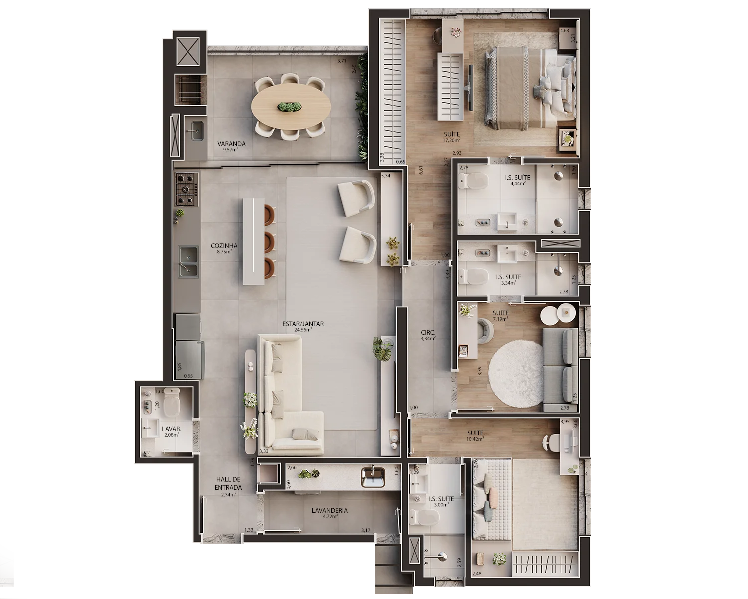 Visual humanizado do living do Legacy Santos Dumont — escala real de mobiliário.