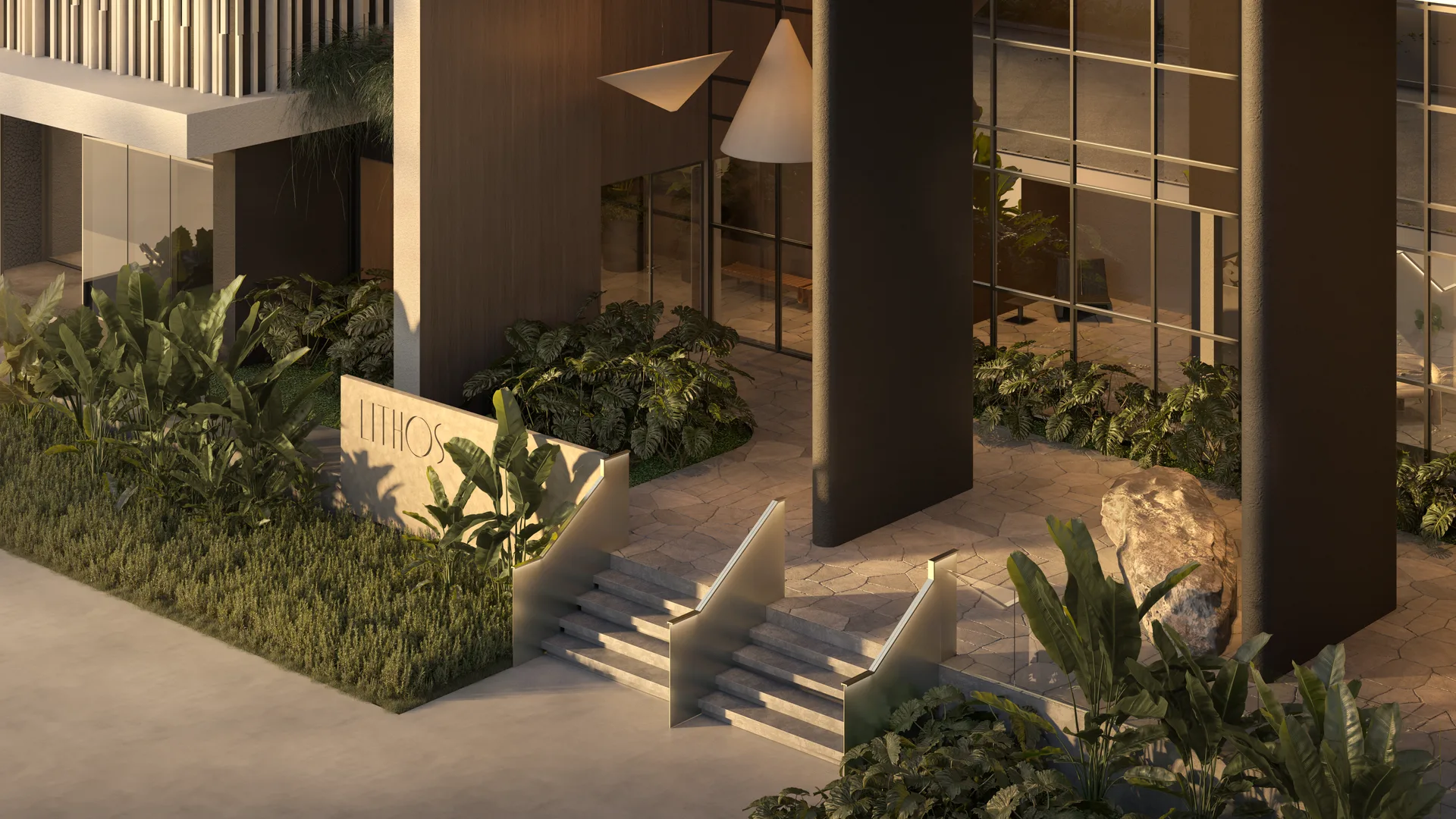 Acesso e lobby do Lithos Plaenge com paisagismo e pedra natural em Maringá