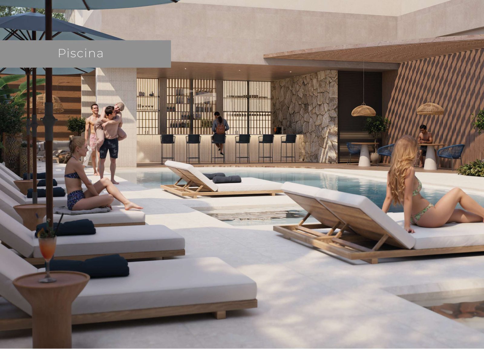 Bar coberto ao lado da piscina do Lumière Residence Club