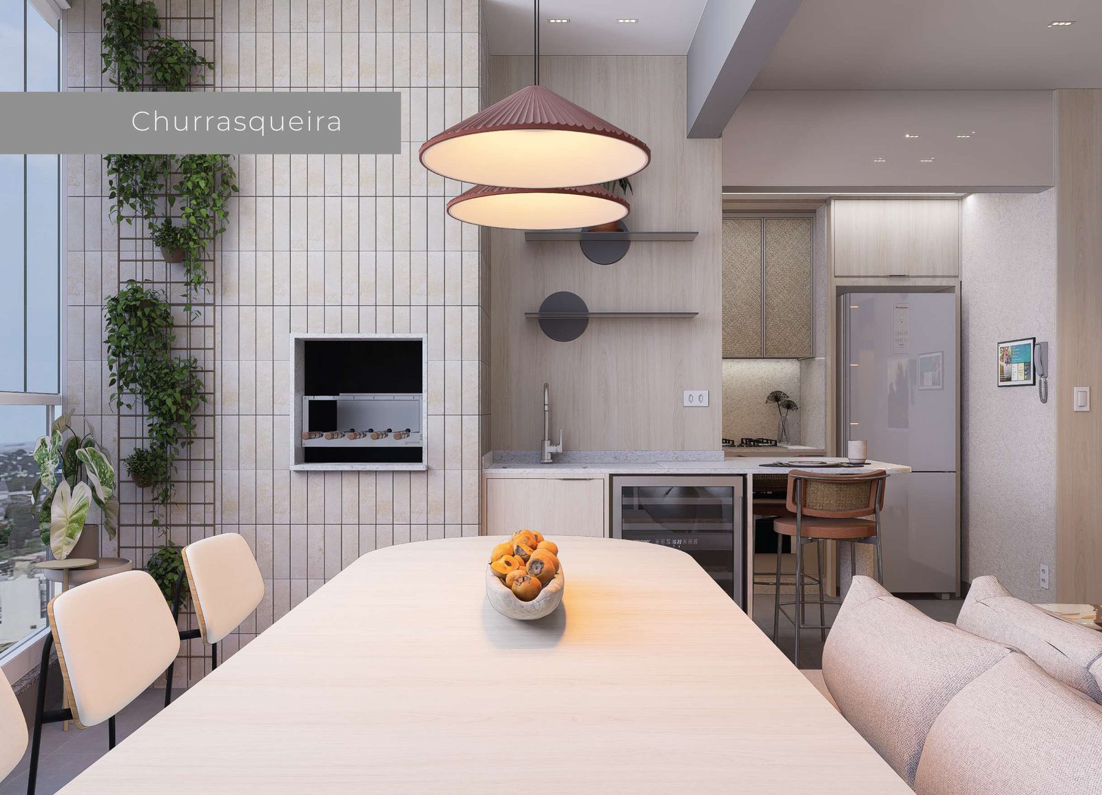 Churrasqueira integrada ao living gourmet do apartamento Lumière