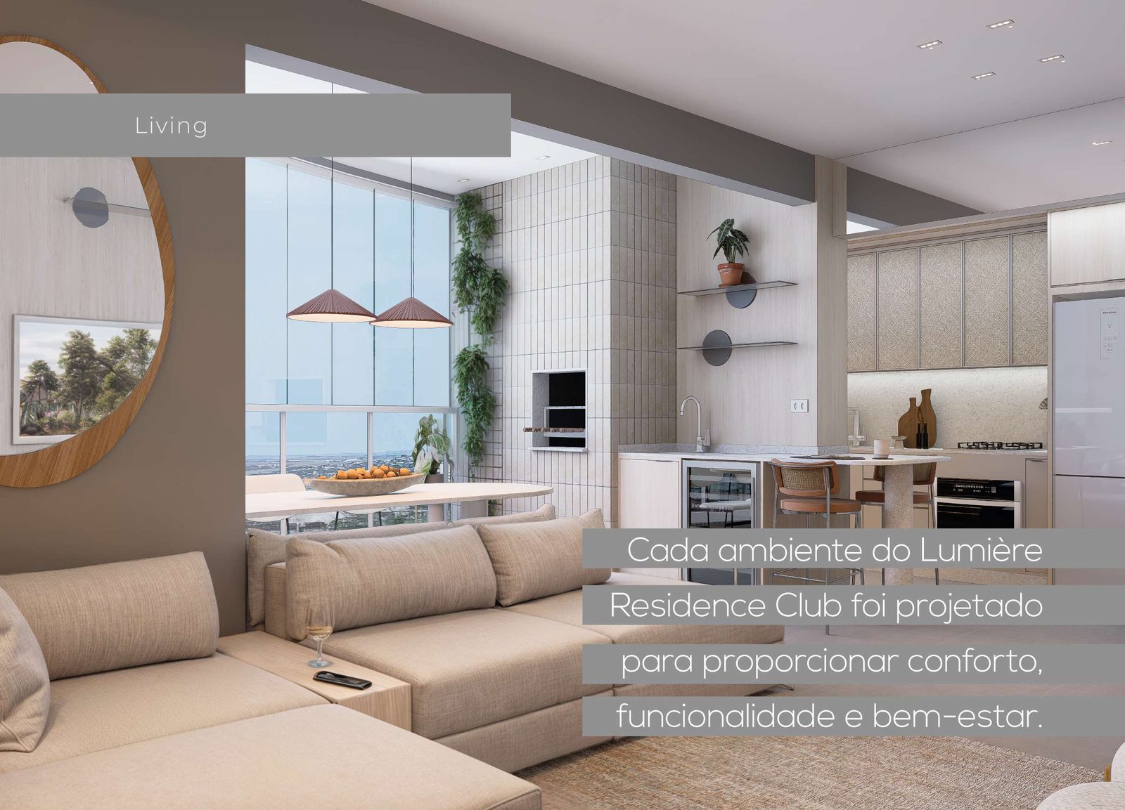 Living integrado do Lumière Residence Club com varanda e vista para a cidade