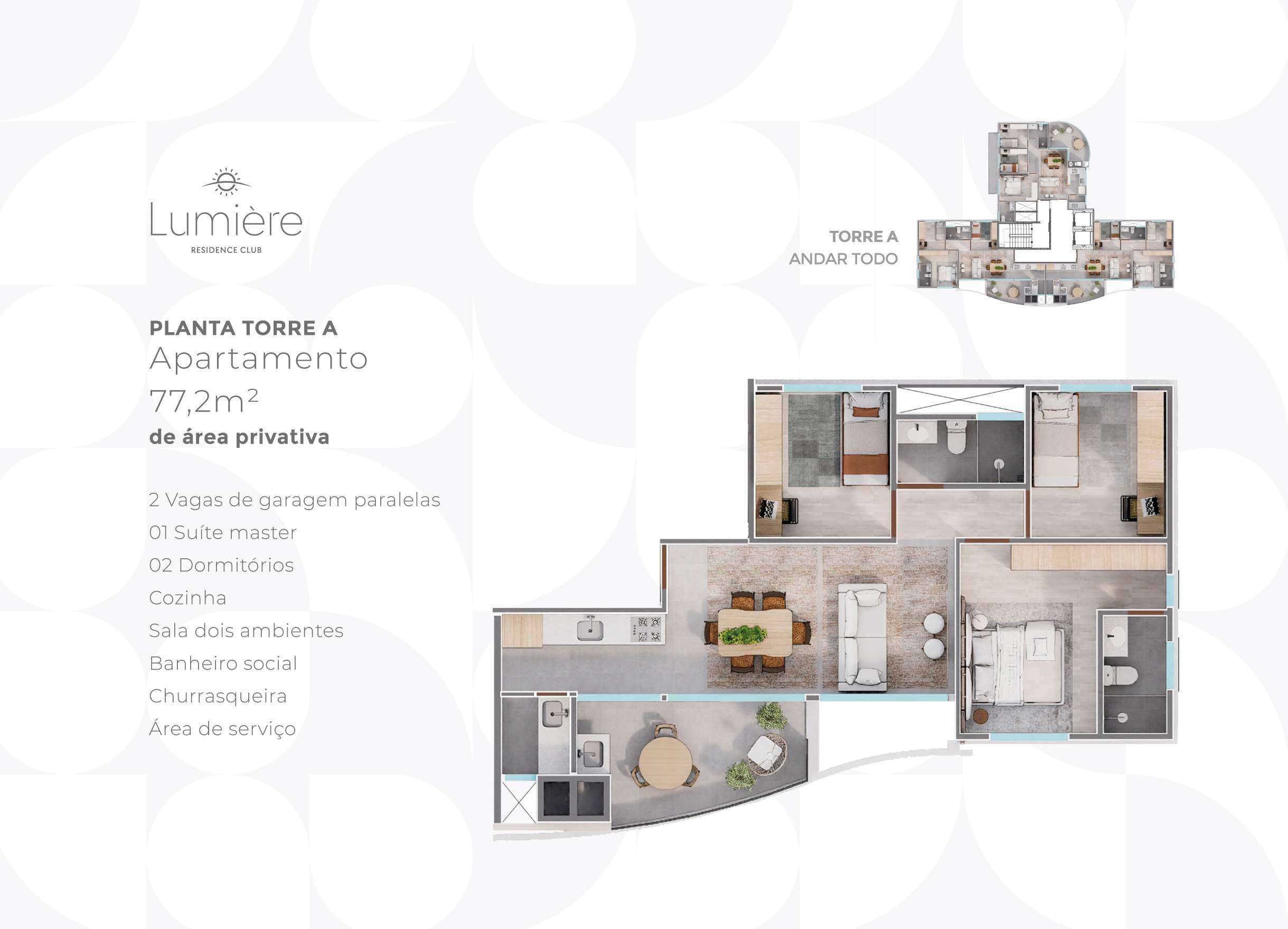 Planta do apartamento Torre A do Lumière Residence Club – 77,2m²