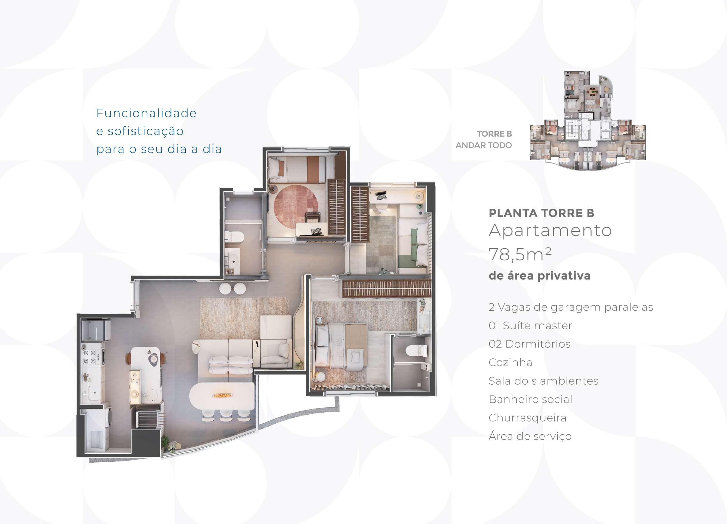 Planta do apartamento Torre B do Lumière Residence Club – 78,5m²