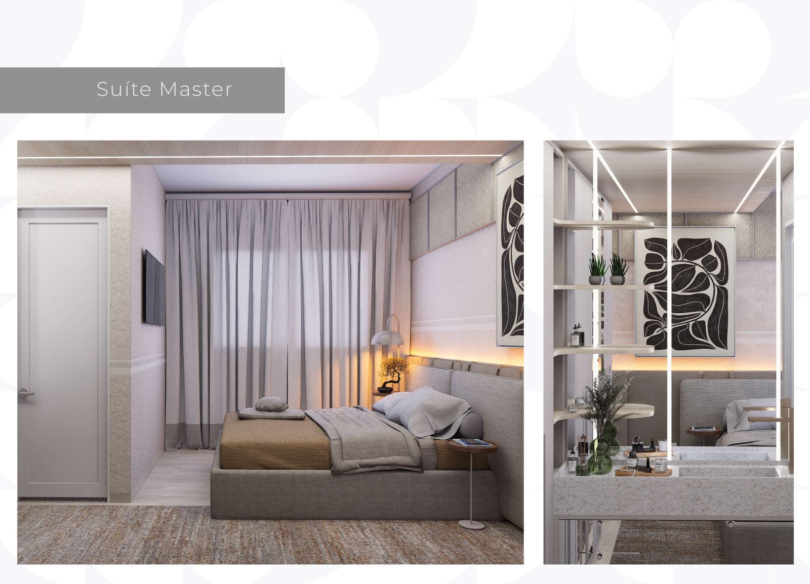 Suíte master do apartamento Lumière Residence Club em Maringá