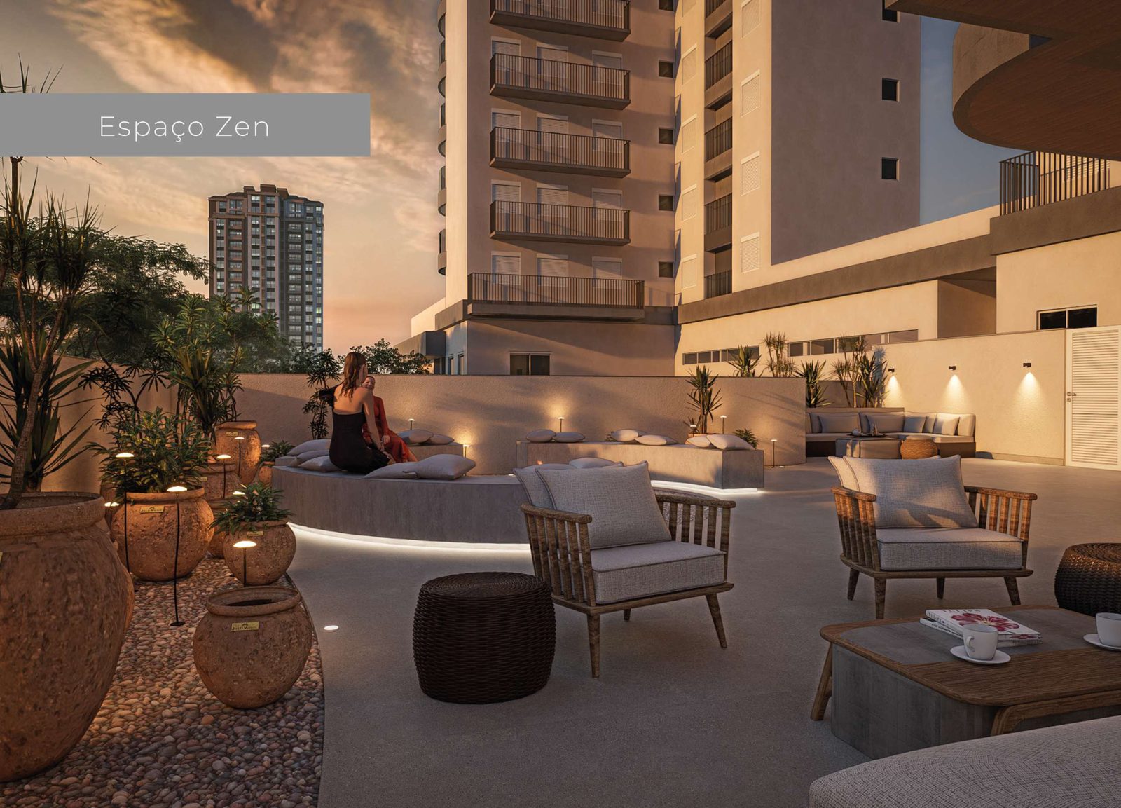 Espaço Zen externo com iluminação noturna no Lumière Residence Club