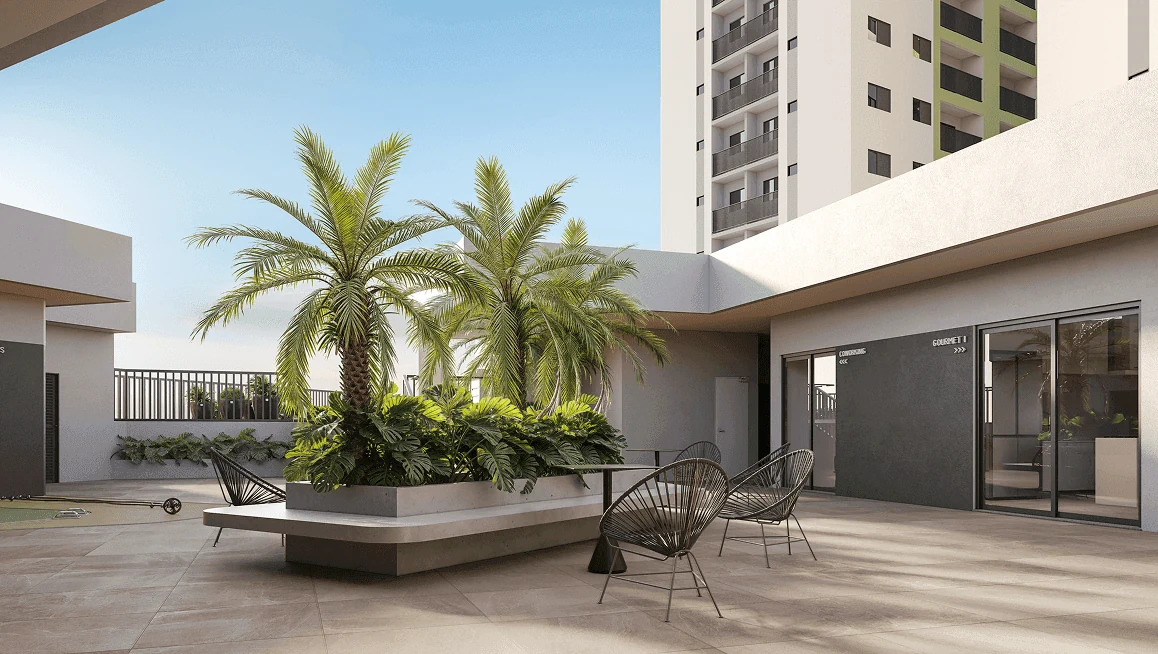 Estar externo com palmeiras junto ao rooftop do edifício garagem do Lumme